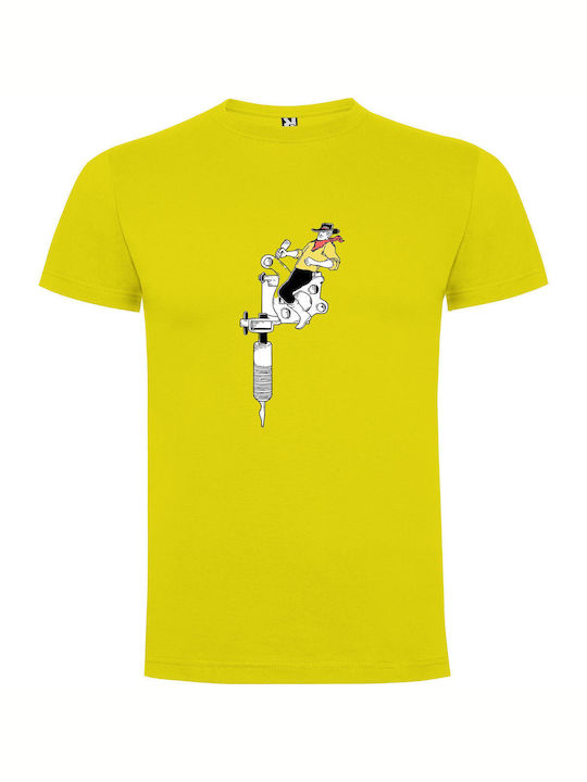 Mechanical Cowboy Sketch T-shirt Yellow Cotton