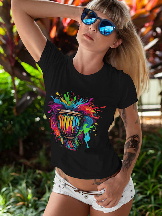 Colorful Drum Splash T-shirt Black Cotton