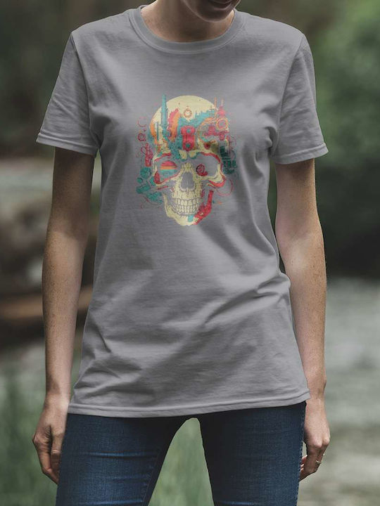 Mechanical Skull Artwork T-shirt Gray Cotton