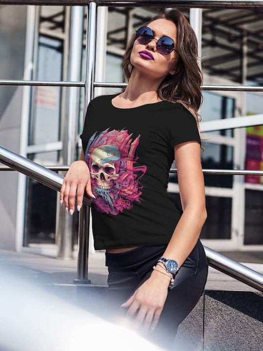 Skull And Fantasy City T-shirt Black Cotton