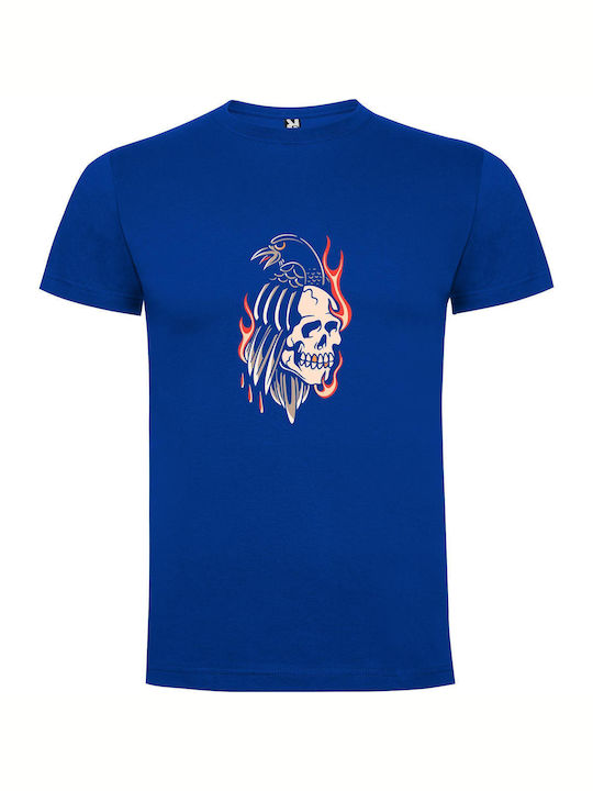 Fiery Skull Phoenix Emblem T-shirt Blue Cotton