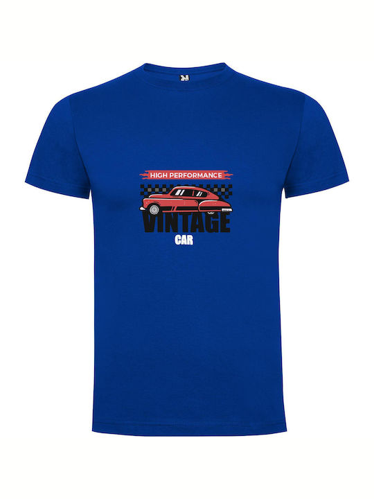 Retro Performance Red Car T-shirt Blue Cotton