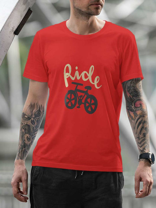 Ride Bicycle Illustration T-shirt Red Cotton