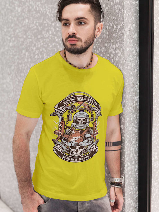 Space Exploration Skull Art T-shirt Yellow Cotton