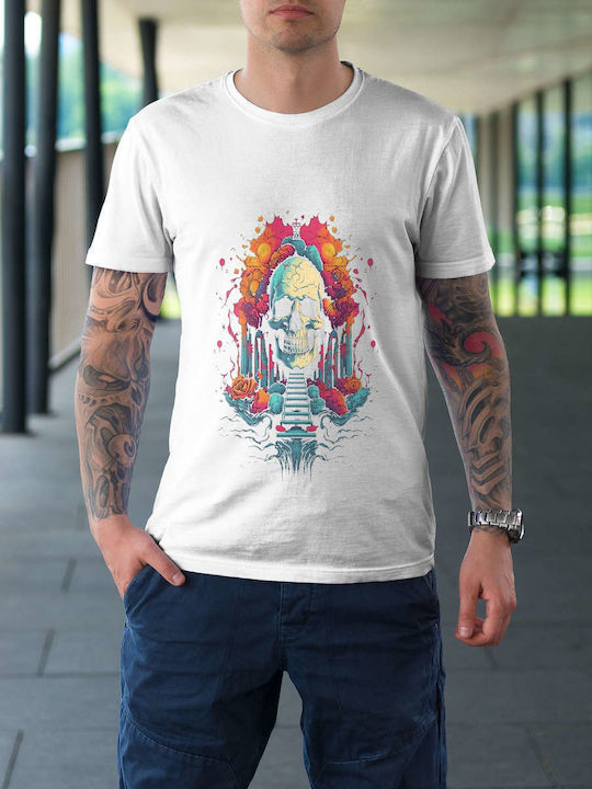 Colorful Skull Artwork T-shirt White Cotton