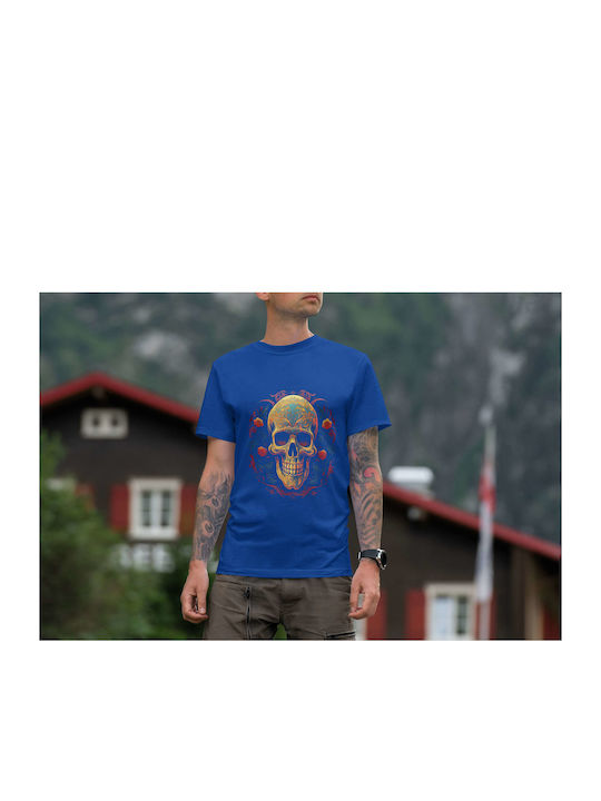 Intricate Skull Design T-shirt Blue Cotton