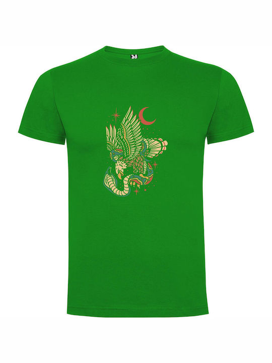 Enchanting Winged Serpent T-shirt Green Cotton