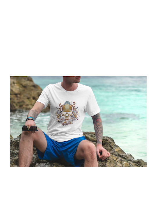 Mechanical Skull Artwork T-shirt White Cotton