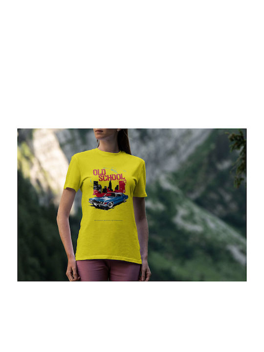 Old School Car Poster T-shirt Κίτρινο Βαμβακερό