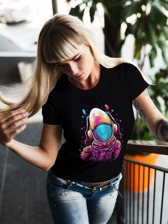 Colorful Astronaut In Space T-shirt Black Cotton