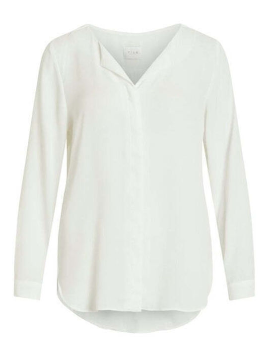 Vila Women's Blouse Long Sleeve with V Neckline White