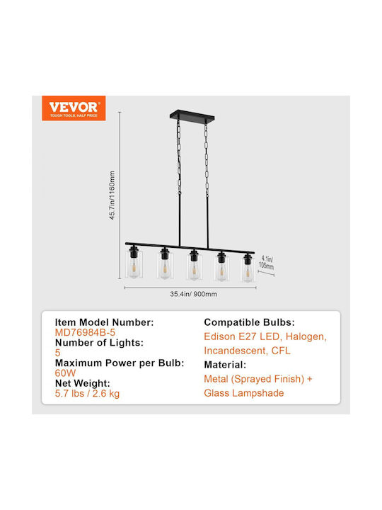 Vevor Pendant Light Black with Socket E27