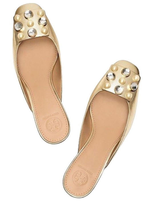 Leder Mules mit Chunky Niedrig Absatz in Gold Farbe