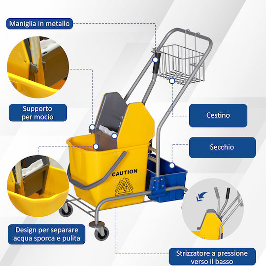 Homcom Cleaning Cart Wringer Bucket 25L Plastic PP Metal Shelf 72x49.5x95 cm Blue Yellow