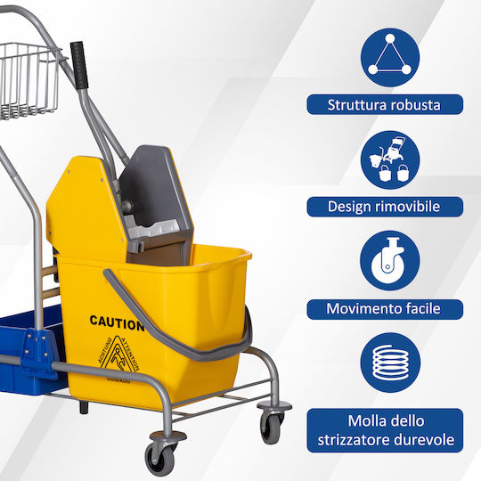 Homcom Cleaning Cart Wringer Bucket 25L Plastic PP Metal Shelf 72x49.5x95 cm Blue Yellow