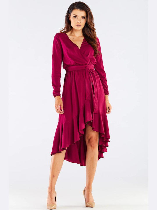 Awama Midi Evening Dress Wrap with Ruffle Burgundy