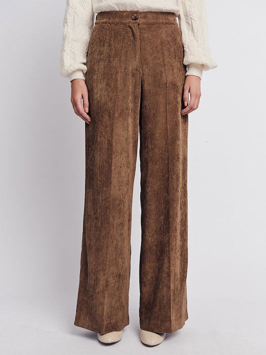 Forel Women's High-waisted Corduroy Trousers in Straight Line Tan Brown