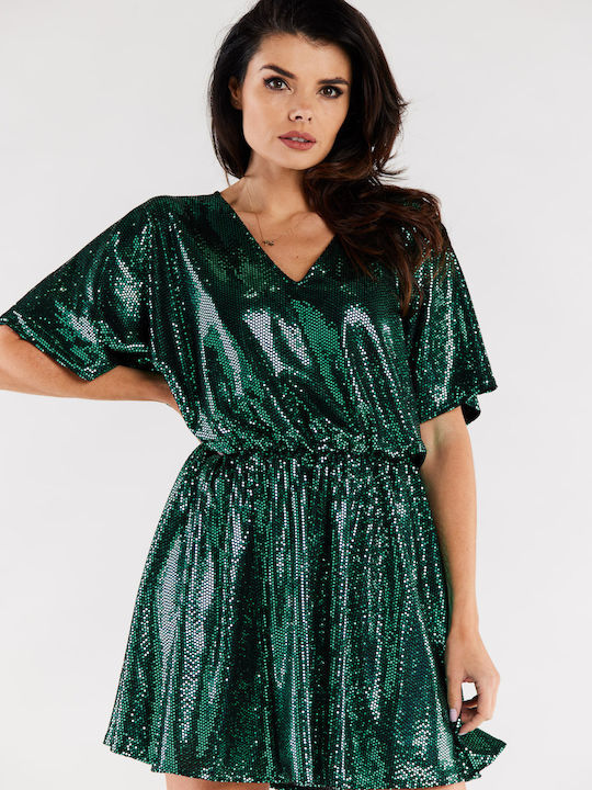 Awama Mini Evening Dress Green A561_GREEN_DOTS