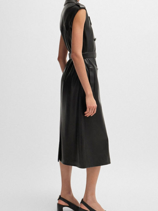 Midi Shirt Dress Leather Black