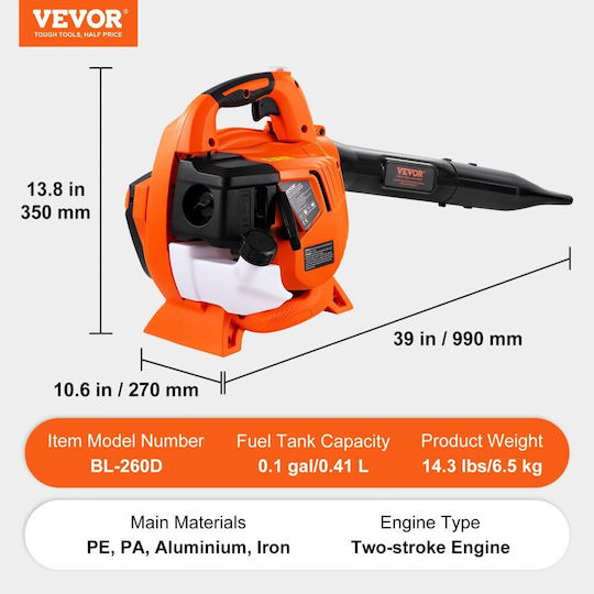 Vevor Φυσητήρας / Απορροφητήρας Χειρός Βενζίνης 26cc με Ρύθμιση Έντασης & Μέγιστη Ταχύτητα Αέρα 252km/h