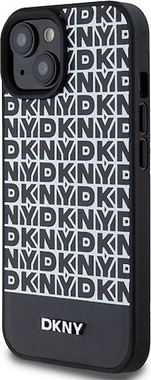 Dkny PU-Leder Hülle mit wiederholtem Muster und unterem Streifen für MagSafe iPhone 15 Schwarz