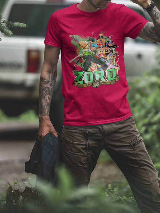 Zoro Crew T-shirt One Piece Φούξια Βαμβακερό