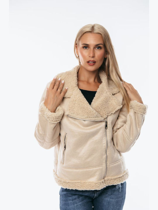 Dress Up Women's Short Lifestyle Mouton Jacket for Winter Ecru