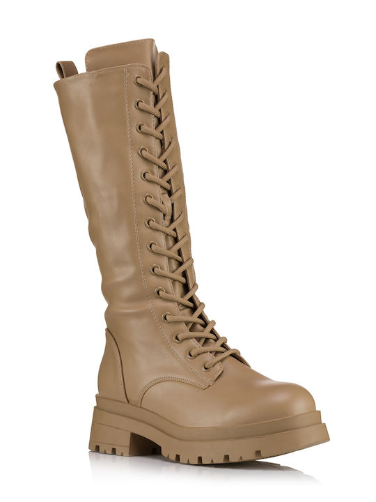 Plato Leather Women's Boots with Laces / Zipper Khaki