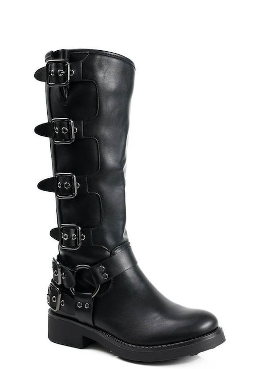 Black Combat Boots with Triple Buckle and Side Zipper