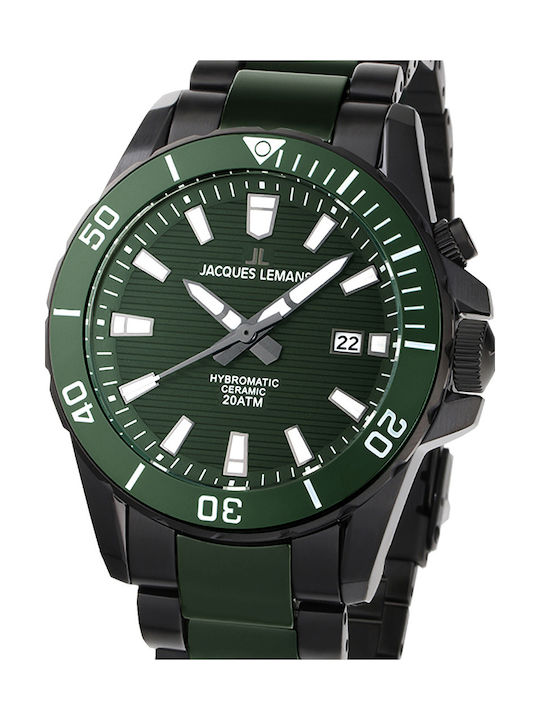 Jacques Lemans Hybromatic Watch Battery with Green Ceramic Bracelet 1-2222F