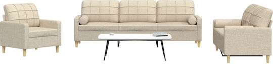 Vidaxl 3-teiliges Wohnzimmer-Set mit cremefarbenen Zierkissen Stoff 77x77x80cm Zweisitzer Dreisitzer Creme