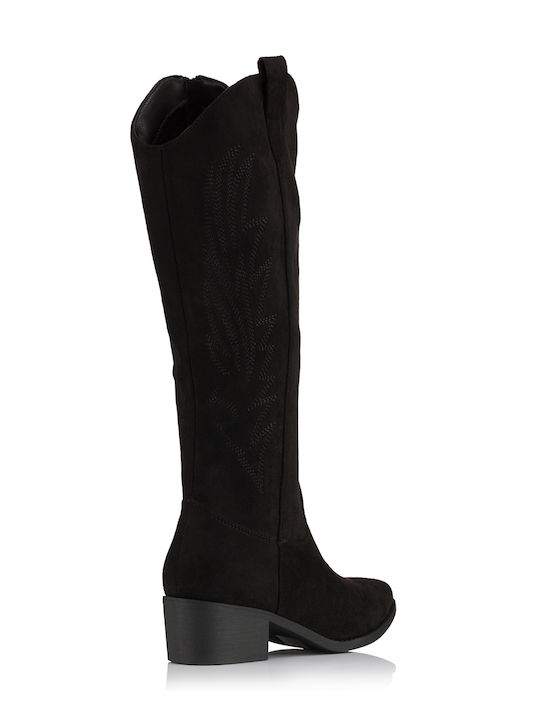 Suede Cowboy Boots with Zipper Black