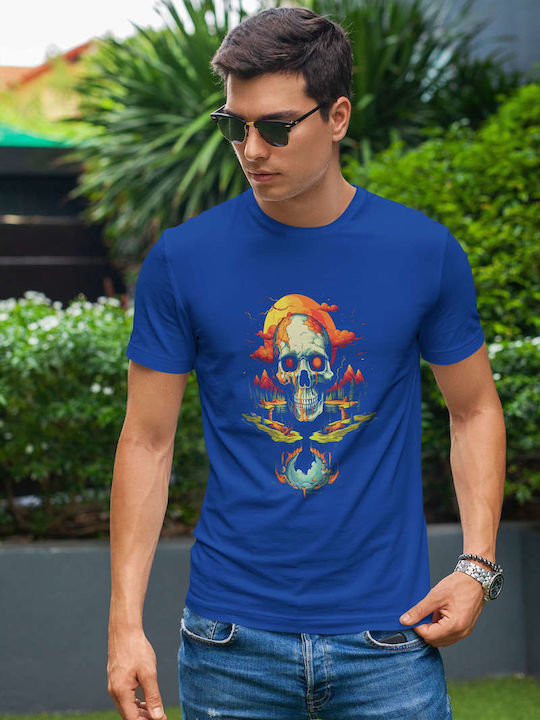 Surreal Skull Landscape T-shirt Blue Cotton