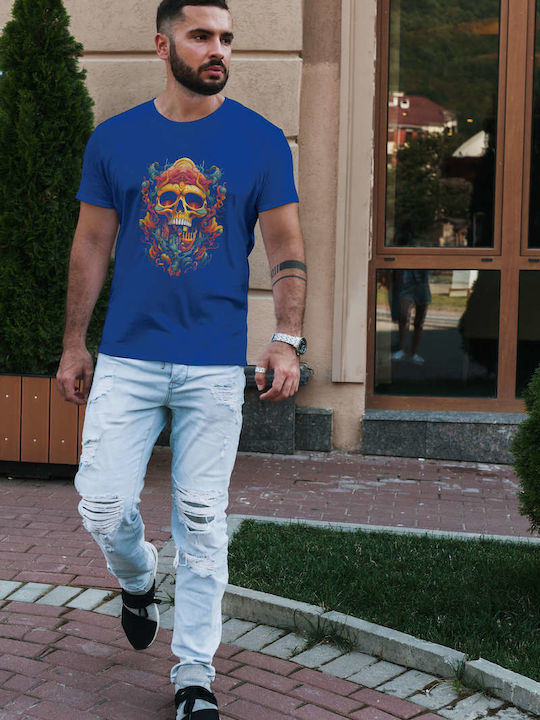 Psychedelic Skull Artwork T-shirt Blue Cotton