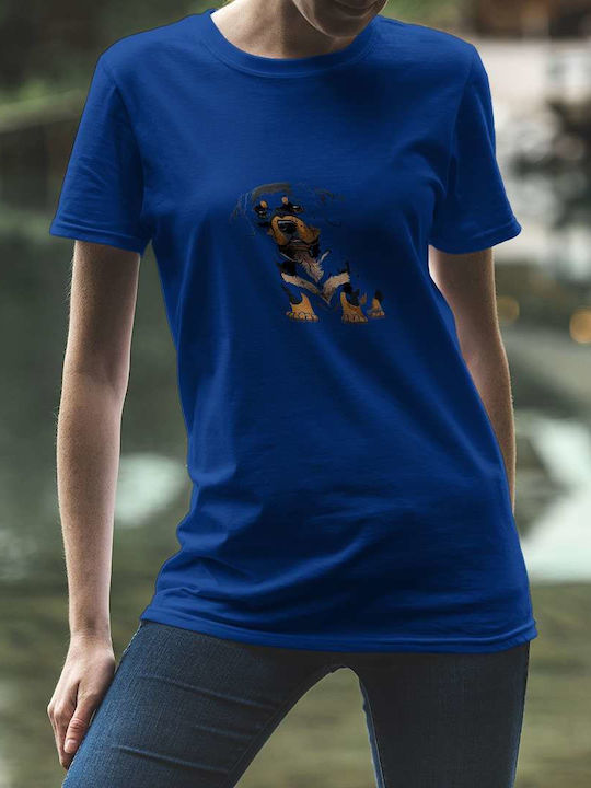 Cute Rottweiler Puppy Illustration T-shirt Blue Cotton