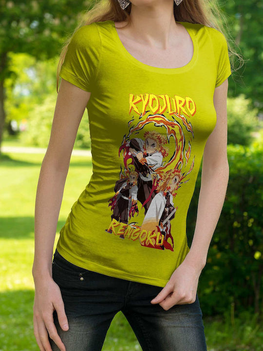 Kyojuro Rengoku Poster T-shirt Κίτρινο Βαμβακερό