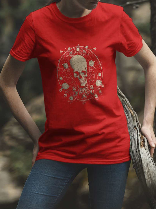 Cosmic Skull Art T-shirt Red Cotton