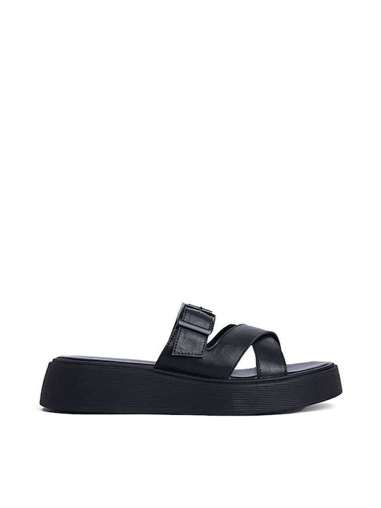 Keep Fred Leather Women's Flat Sandals Flatforms in Black Color