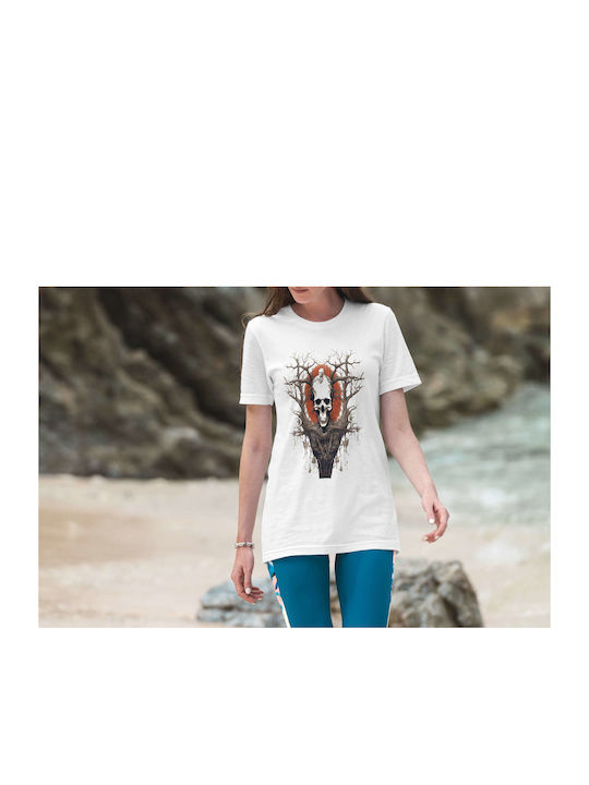 Skull And Trees Surreal Art T-shirt Λευκό Βαμβακερό