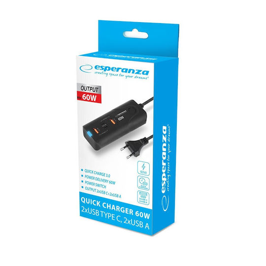 Esperanza с 2 USB-A порта и 2 USB-C порта 60W Power Delivery / Quick Charge 3.0 Черен (EZC109)