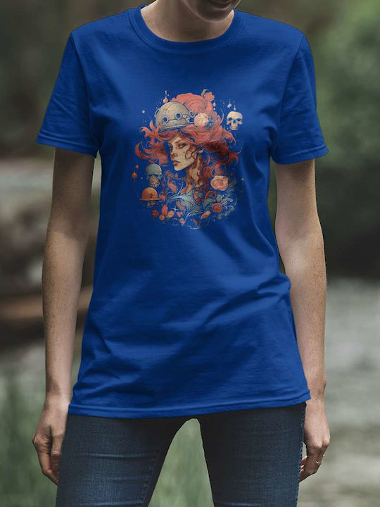 Mystical Redhead With Skulls And Flowers T-shirt Blue Cotton