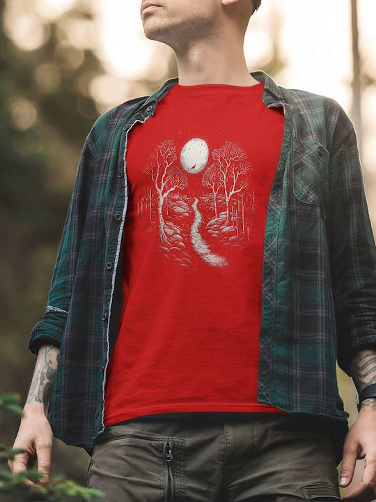 Moonlit Path In Enchanted Forest T-shirt Red Cotton