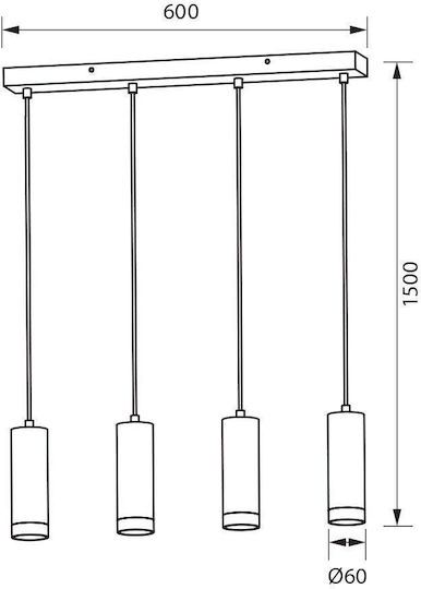 Vivalux Benito Pendant Light Black Rail for 4 Bulbs GU10 60x6x150cm