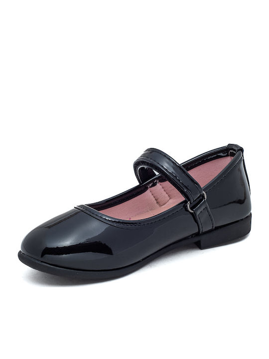 Kids Patent Leather Ballerinas with Hoop & Loop Closure Black