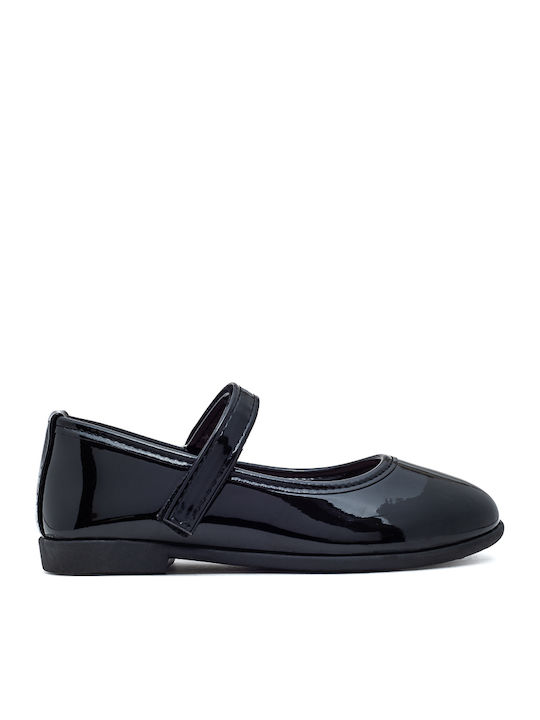 Kids Patent Leather Ballerinas with Hoop & Loop Closure Black