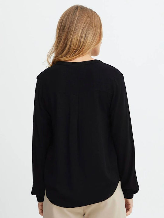 Fransa Damen Bluse Langärmelig mit V-Ausschnitt Black