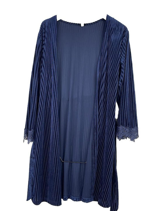 Fuanna Winter Women's Velvet Robe with Nightdress Navy Blue