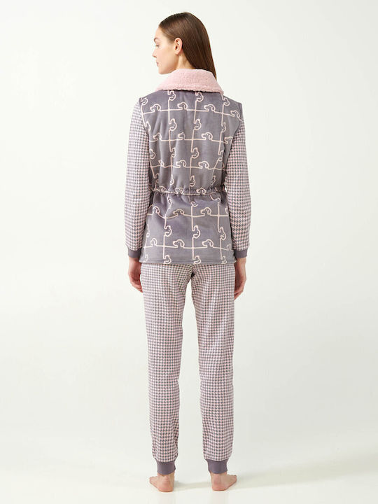Vamp Χειμερινή Γυναικεία Fleece Ρόμπα Gray Thunder
