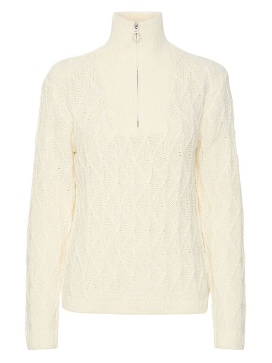 B.Younq Women's Long Sleeve Sweater with Zipper Off-White