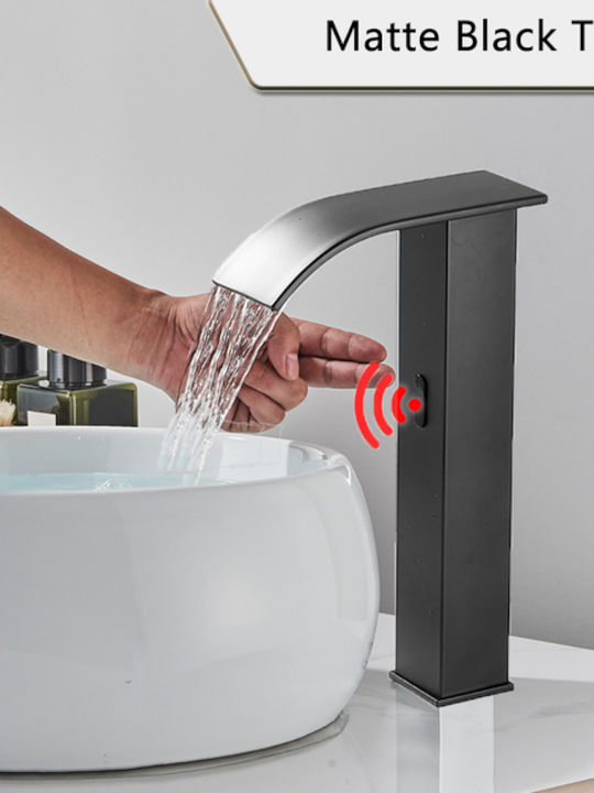 Bathroom Mixing Waterfall Sink Faucet with Photocell Sensor Black Bathroom Mixing Waterfall Sink Faucet with Photocell Sensor Black